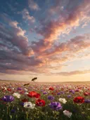 Landschapsfoto van anemoon bij het gouden uur, met een bij tussen de bloemen