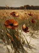 Schilderij van anemoon in de weide in roest, in vlakke kleurvlakken