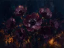 Schilderij van anemoon in groepjes in aubergine, in vlakke kleurvlakken