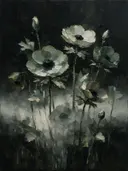 Anemoon in groepjes in saliegrijs, schilderij van anemoon aan de bosrand