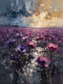 Schilderij van anemoon in het landschap in violet, in vlakke kleurvlakken