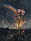 Schilderij van anemoon in oudroze, in vlakke kleurvlakken