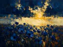 Anemoon onder een storm in diepblauw, schilderij van anemoon onder een storm
