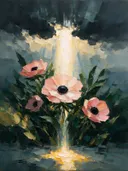 Anemoon onder een storm in groenroze, schilderij van anemoon onder een storm