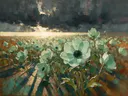 Schilderij van anemoon onder een storm in mint, in vlakke kleurvlakken