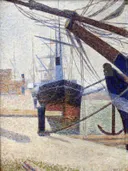 Angolo di una darsena, Honfleur van Georges Seurat: zee met haven, schip, masten en anker, in gedempt blauw en oker