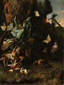 Animals and Plants (1668), oil on canvas, 66 x 52.5 cm van Melchior d'Hondecoeter: dieren met vogels, planten, vlinders en boomstam, in donkergroen en bruin