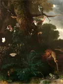 Animals and Plants of the Forest (1670 80), oil on canvas, 81.2 x 64.7 cm., Yale University Art Gallery van Melchior d'Hondecoeter: dieren met vogels, boomstam, planten en vlinders, in donkergroen en bruin