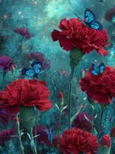 Schilderij van rode anjers onder een sterrenhemel met blauwe vlinders