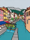 Annecy, Palais de l'Isle in cartoonstijl, schilderij van Annecy