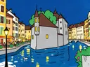 Annecy, straat in cartoonstijl, schilderij van Annecy