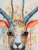 Schilderij van een antilope met blauwe geribbelde hoorns op een crèmekleurige achtergrond