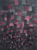 Abstract schilderij met het paletmes in antraciet en magenta