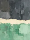 Abstract schilderij met het paletmes in antraciet en mint