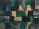 Abstract schilderij met het paletmes in antraciet en turkoois