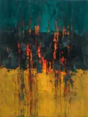 Abstract landschap in antraciet en vermiljoen