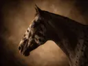 Studioportret van Appaloosa en profil, tegen een geschilderd doek in sepia