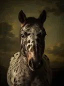 Studioportret van Appaloosa van voren, tegen een geschilderd doek in olijf