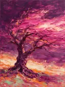 Schilderij: appelboom kruin loopt weg in magenta
