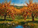 Landschapsschilderij, appelboomgaard vol vrucht in gouden herfst