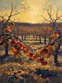 Landschapsschilderij, appelboomgaard vol vrucht in late herfst