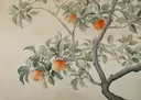 Botanisch schilderij van een appelboomtak met rode appels en groene bladeren