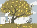 Illustratie van een persoon die appels plukt van een boom bij een boerderijtje.