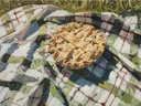 Schilderij van een appeltaart op een geruite picknickdeken