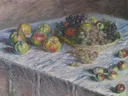 Apples and Grapes van Claude Monet: stilleven met appels, druiven, fruit en tafel, in warm geel en rood
