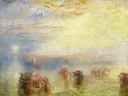 Approach to Venice van J. M. W. Turner: zee met venetie, boten, lagune en zonlicht, in zacht geel en lichtblauw