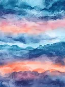 Aquarel schilderij van bergketens in blauwtinten met een roze en oranje zonsondergangsgloed