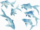 Aquarelillustratie van meerdere blauwe vissen die zwemmen