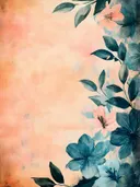Aquarel schilderij van bloementakken met blauwgroene en roze bloemen op perzikkleurige achtergrond