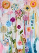 Aquarelschilderij met bloemen en cirkelvormen in pastelkleuren