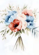 Aquarel boeket in blauw en koraal, aquarel schilderij van pioenrozen en een anemoon