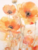 Aquarel close-up van oranje klaprozen met donkere hartjes.