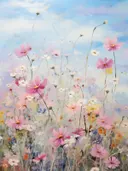 Aquarel van een weide met roze en witte cosmosbloemen onder blauwe lucht.
