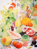 Aquarel stilleven met diverse vruchten zoals druiven, meloen en grapefruit tussen bladeren.