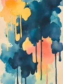 Abstract aquarel schilderij met geel en marineblauw kleurvlakken en druippatronen