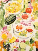 Aquarel stilleven met watermeloen, tomaten en groenten op witte borden.