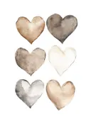 Aquarel illustratie van zes hartjes in verschillende bruine en beige tinten