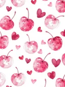 Aquarel patroon van roze kersen en hartjes op een witte achtergrond
