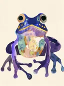 Schilderij van een kikker in aquarelstijl met blauwe en paarse tinten