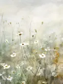 Aquarel van een margrietenweide met een mistige, gouden achtergrond.