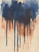 Abstract aquarel schilderij met marineblauwe wolkvorm en terracotta druipsporen