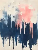 Abstract schilderij met marineblauwe druipende verf op een crèmekleurige pleisterachtige achtergrond