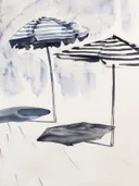 Aquarelillustratie van twee gestreepte strandparasols op het strand