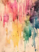Abstract aquarel schilderij met verticale druipende kleurstrepen in roze, geel en blauw