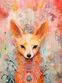 Aquarelschilderij van een vos met blauwe ogen tegen een roze bloemenachtergrond