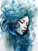 Aquarelportret van vrouw met blauw haar